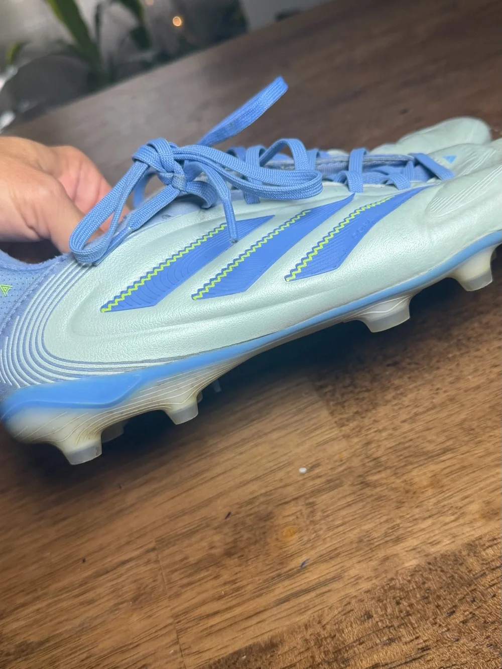 adidas Light Blue Copa Athletic Shoes with Neon Yellow Accents